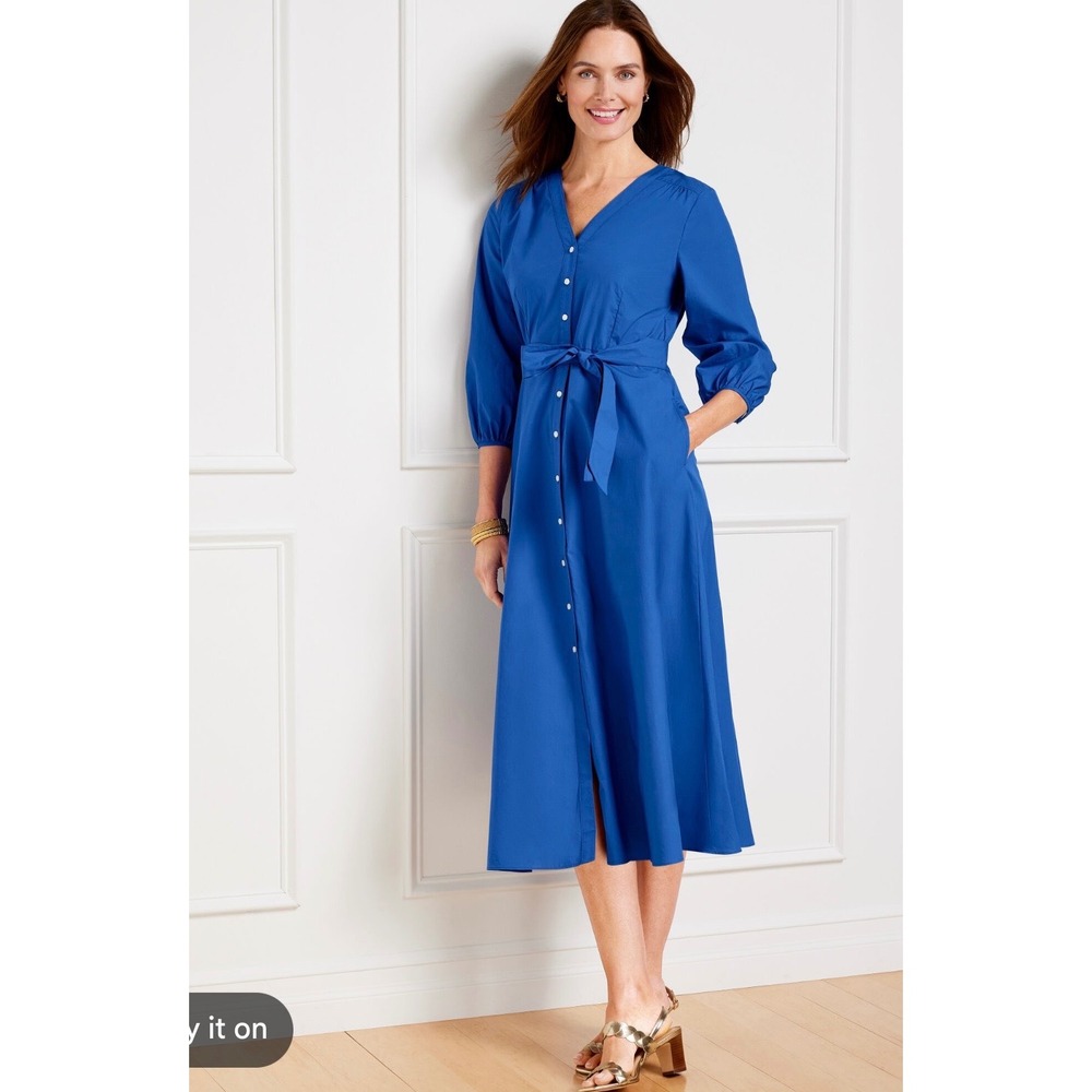 Talbots Plus Size 16W Royal Blue Cotton Poplin Midi Shirtdress V-Neck Tie Waist
